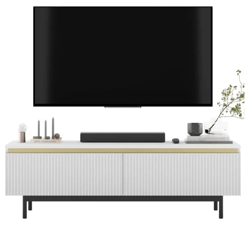 Nowoczesna Szafka RTV Komoda Glamour RTV Biały Mat rama w kolorze czarnym 140 cm - Cena promocyjna