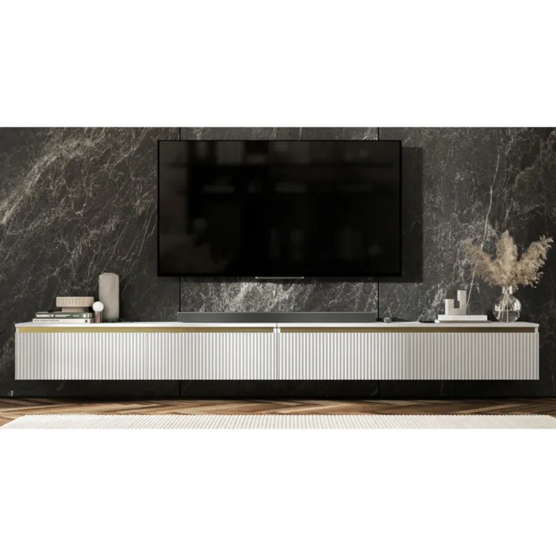 Niska cena Wisząca Szafka RTV Glamour Komoda RTV Biały Mat 280 cm ryflowane fronty -