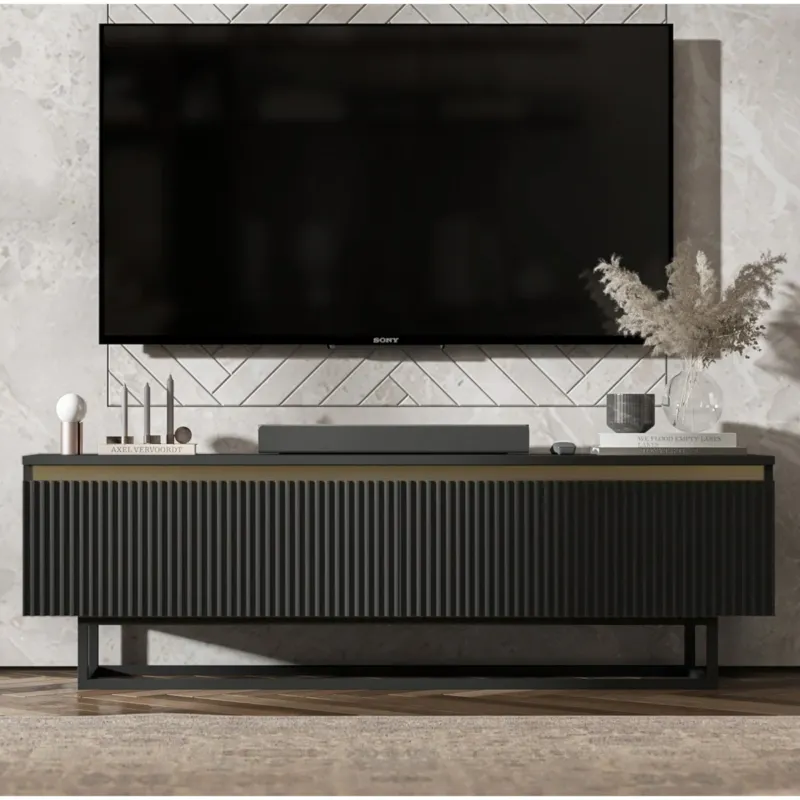 Nowoczesna Szafka RTV Glamour Komoda RTV Czarny Mat 140 cm czarny stelaż - Kup teraz