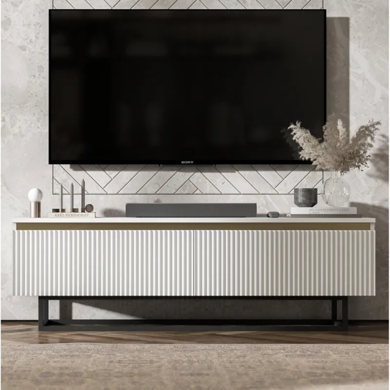 Nowoczesna Szafka RTV Glamour Komoda RTV Biały Mat 140 cm czarny stelaż - Sprawdź teraz