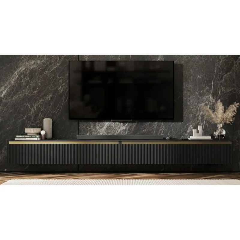 Rabat Wisząca Szafka RTV Glamour Komoda RTV Czarny Mat 280 cm ryflowane fronty -