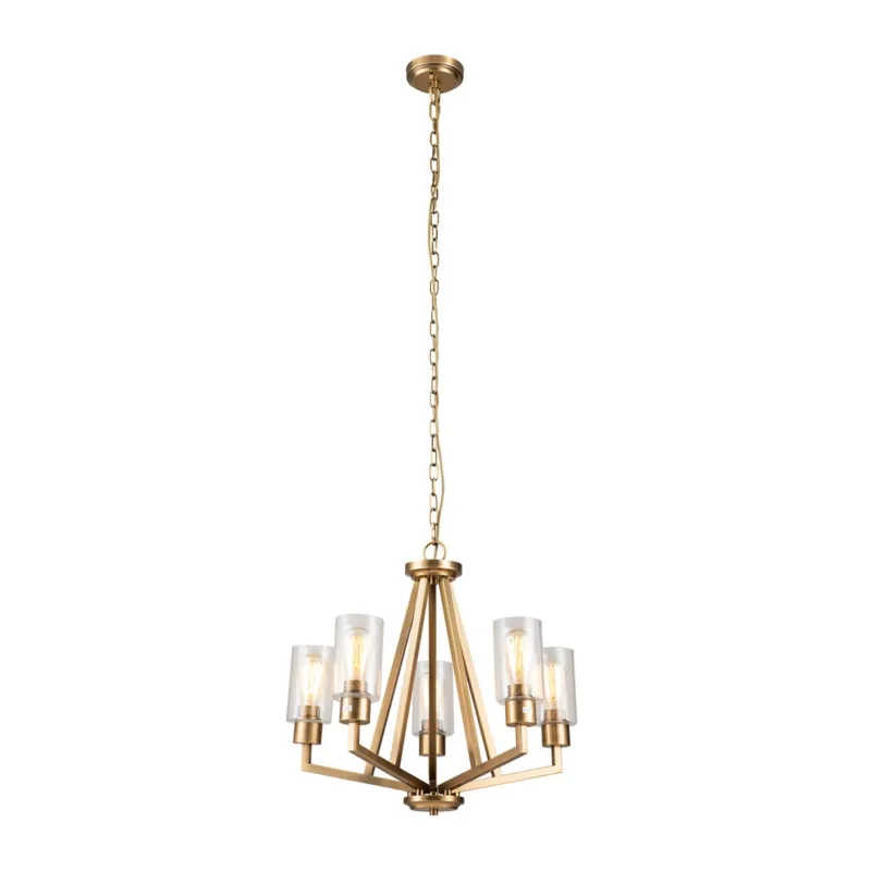 Bestseller Lampa wisząca Żyrandol Deryn KL-DERYN5-NBR Elstead Lighting 5xE27 60 W Stal, Szkło z bąbelkami powietrza Naturalny mosiądz