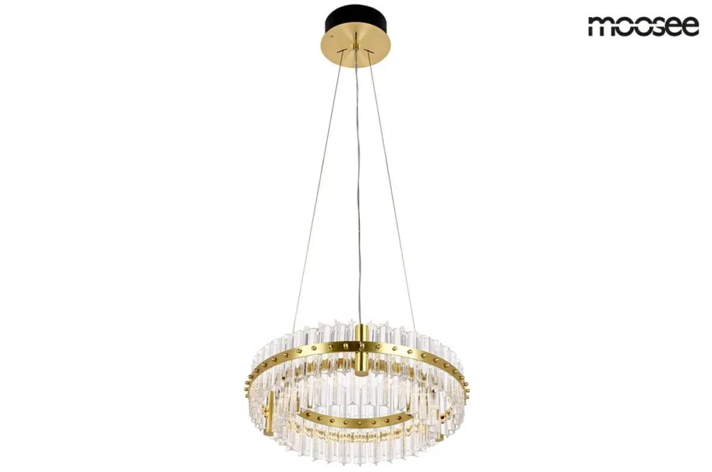 Nie przegap Lampa wisząca SATURNUS 47 DUO złota LED, kryształ, stal szczotkowana – Moosee