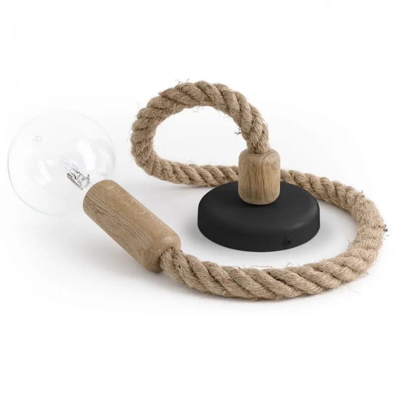 Kup online Loft Ari dębowa lampa wisząca z liną konopną, czarna podsufitka KOLOROWE KABLE