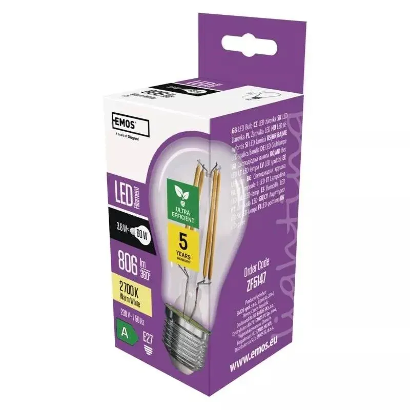 Wyprzedaż ZF5147 Super oszczędna żarówka LED filament A60 E27 3,8W 2700K nowa klasa A EMOS