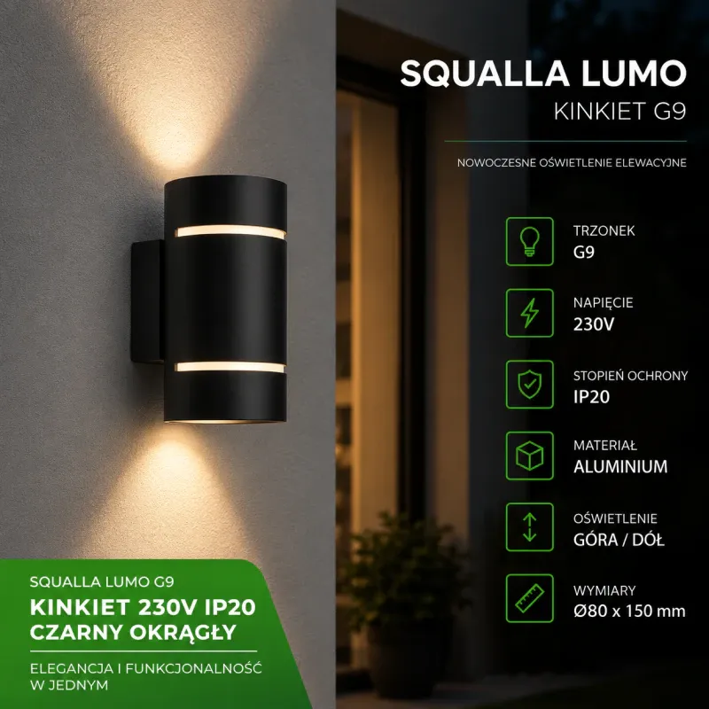 CZARNA OPRAWA ELEWACYJNA SQUALLA LUMO G9 KINKIET 230V IP20 80x150 OKRĄGŁA Nie przegap