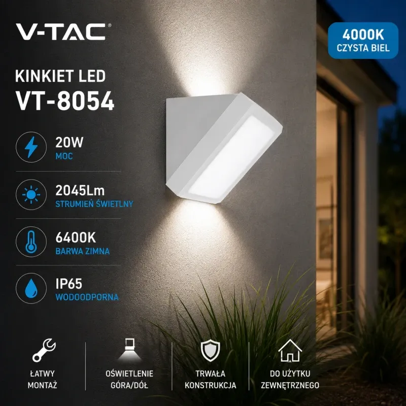 Bezpieczne zakupy Oprawa Ścienna V-Tac 20W Led Ukośna Biała Ip65 Vt-8054 6400K 2045Lm