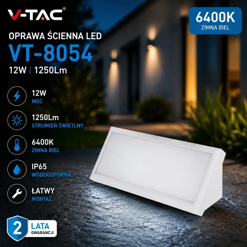 Cena promocyjna Oprawa Ścienna V-Tac 12W Led Ukośna Biała Ip65 Vt-8054 6400K 1250Lm