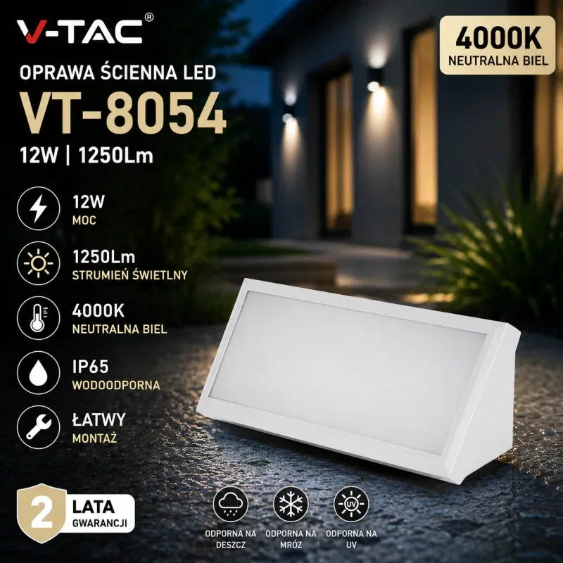 Wysoka jakość Oprawa Ścienna V-Tac 12W Led Ukośna Biała Ip65 Vt-8054 4000K 1250Lm