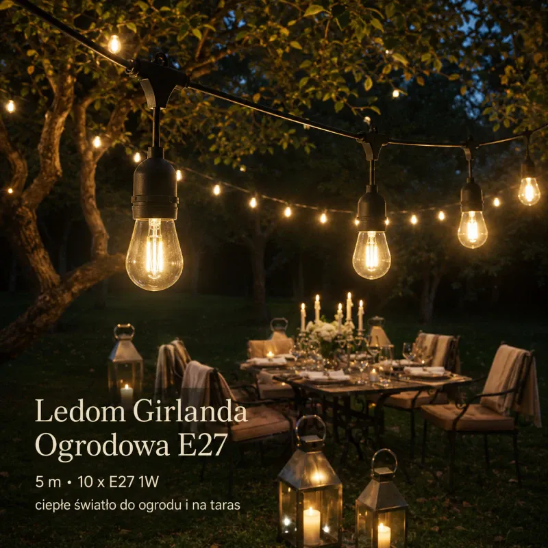 Oferta Girlanda Ogrodowa 5 metrów E27 5M + 10 X E27 1W Ledom