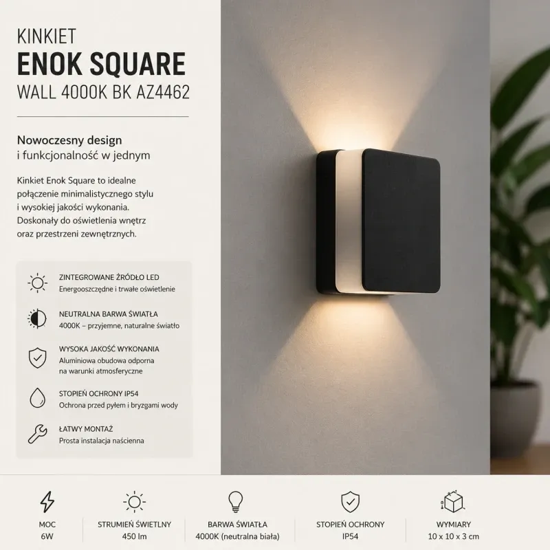Czarny Kinkiet kwadrat Enok Wall 4000K Bk Az4462 Zamów teraz