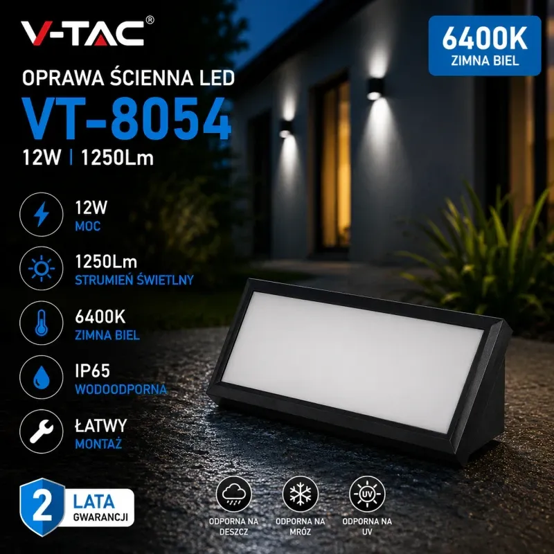 Oprawa Ścienna V-Tac 12W Led Ukośna Czarna Ip65 Vt-8054 6400K 1250Lm Tylko dziś