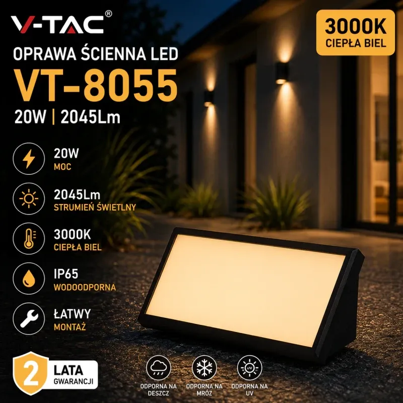 Czarny kinkiet elewacyjny V-Tac 20W Led Ukośna Czarna Ip65 Vt-8055 3000K 2045Lm Oferta