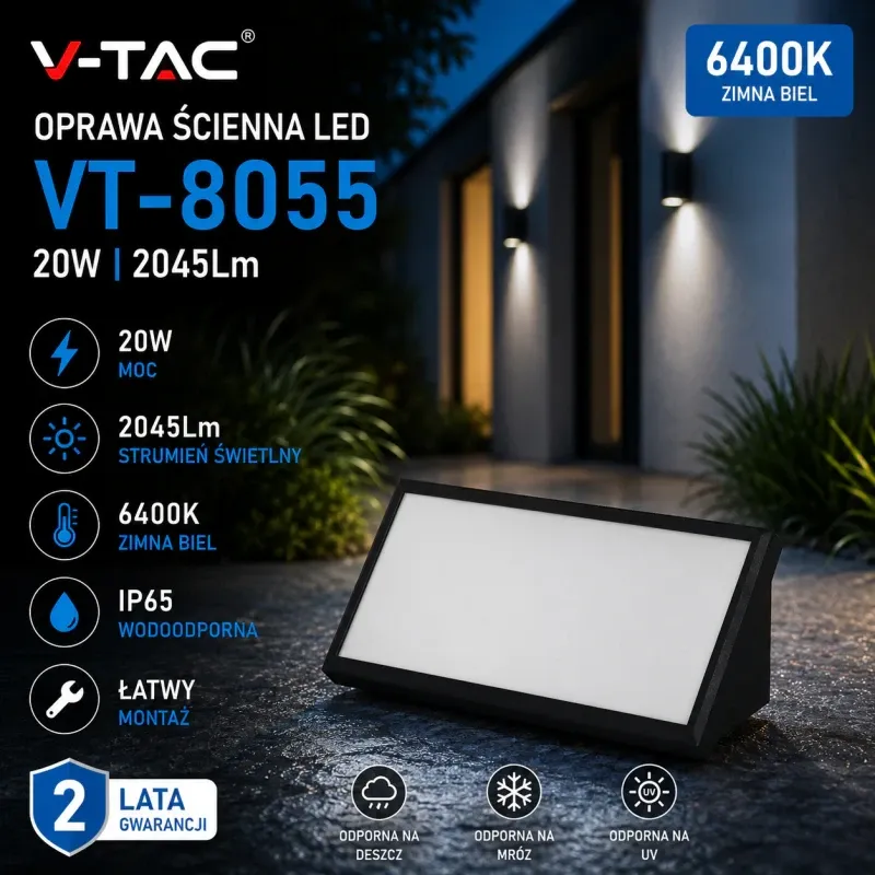 Popularny Oprawa Ścienna V-Tac 20W Led Ukośna Czarna Ip65 Vt-8055 6400K 2045Lm