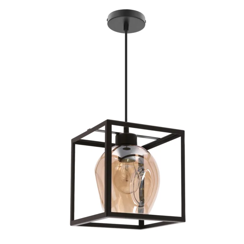 Lampa wisząca Sater szklany klosz bursztynowy czarna pojedyncza do salonu E27 Okazja
