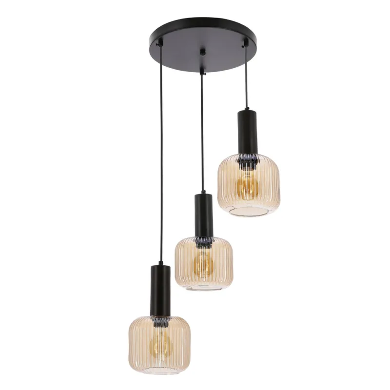 Lampa wisząca Linox potrójna z kloszem szklanym bursztynowym czarna do salonu Ograniczona ilość