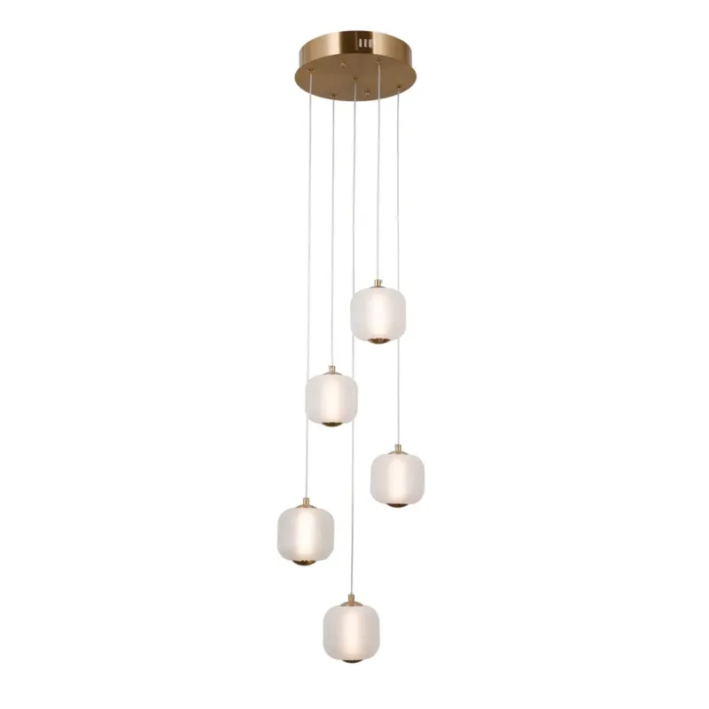Lampa wisząca złota 5-punktowa z mlecznymi kloszami PND-34362-5-HBR-OPAL z serii Ganti - Lampy Italux Wyprzedaż