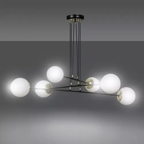 Czarna lampa wisząca białe kule na długich ramionach z złotymi dodatkami Emibig 966/6 Ognis 6 Black Premium
