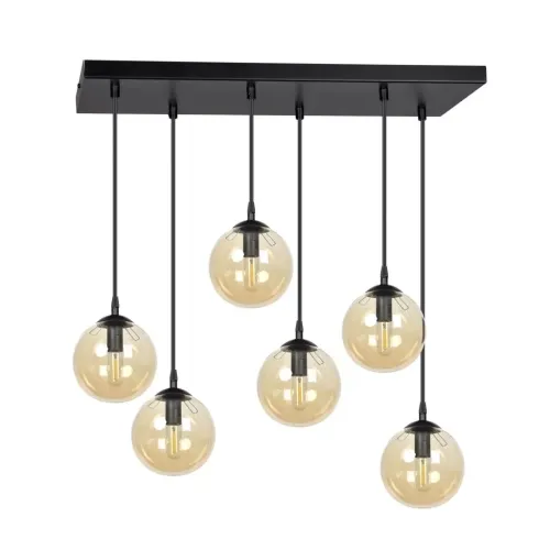 Ostatnia szansa Lampa wisząca sześć szklanych kul miodowych na różnej wysokości na prostokątnej podsufitce nowoczesna Emibig 713/6 Czarny Cosmo 6 Bl Miodowy 6xE14