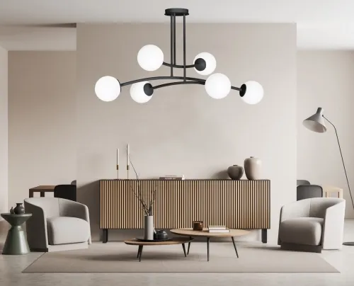 Czarna lampa sufitowa do salonu rozległe ramiona i szklane kule Emibig 1024/6 Halldor 6 Black Ostatnia szansa
