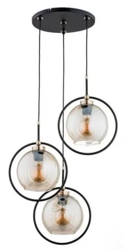 Cena promocyjna Lampa wisząca na okrągłej podsufitce czarno złota bursztynowe szklane klosze z metalową ramką Seldi Alfa 62177 3xE27 90cm x 45cm