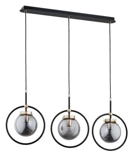 Szybka dostawa Minimalistyczna lampa wisząca nad stół na listwie czarna dymione klosze z metalową oprawką i złotymi elementami Akira Alfa 62174 3xE14 90cm x 80cm