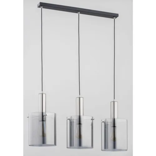 Minimalistyczna lampa wisząca nad stół czarna listwa z chromowanymi oprawkami cylindryczne dymione szklane klosze Calena Silver Alfa 62162 3xE27 90cm x 75cm Hit cenowy