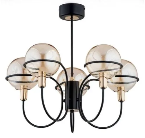 Zamów teraz Nowoczesna lampa wisząca czarno złota zaokrąglone ramiona do góry i szklane bursztynowe klosze kule Petra Alfa 62157 5xE14 52cm x 59cm