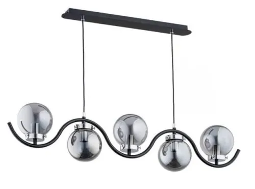 Super okazja Lampa wisząca na listwie czarna podłużna falowany stelaż grafitowe szklane klosze kule Korda Chrom Alfa 62153 5xE14 90cm x 97cm