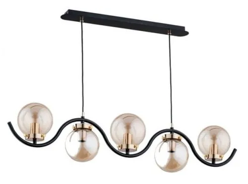 Nowoczesna lampa wisząca nad stół listwa czarno złota ozdobny falowany stelaż bursztynowe szklane klosze kulki Korda Gold Alfa 62155 5xE14 90cm x 97cm Ostatnia szansa