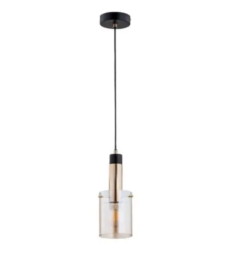 Tylko dziś Nowoczesna lampa wisząca na jedną żarówkę z podłużną czarno złotą oprawką i szklanym bursztynowym kloszem Bella Gold Alfa 60830 E27 90cm x 15cm