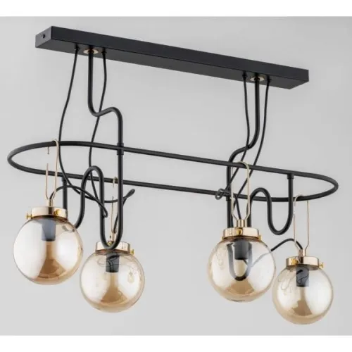 Taniej Nowoczesna lampa wisząca podłużny stelaż w kształcie elipsy szklane bursztynowe klosze kule i złote ozdobne elementy Ventis Alfa 63012 4xE14 71cm x 73cm