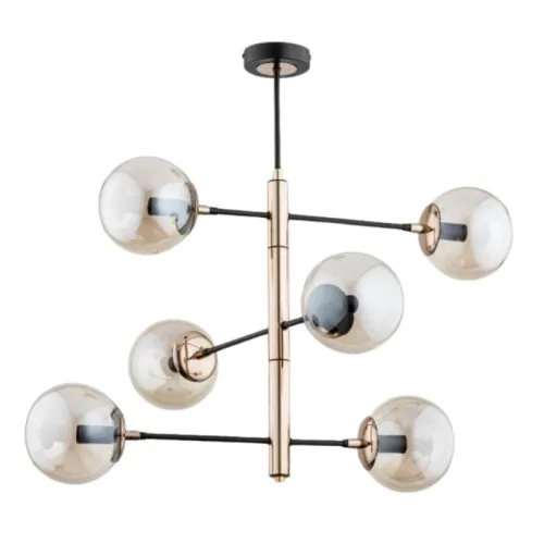 Nowoczesna lampa wisząca z pionowym złotym stelażem na czarne ramiona z bursztynowymi szklanymi kloszami Pesco Alfa 63025 6xE14 66cm x 80cm Ostatnie sztuki