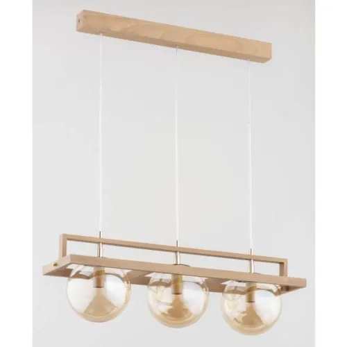 Dodaj do koszyka Lampa wisząca drewniana listwa bursztynowe szklane klosze w ramie Frif Alfa 63053 3xE14 73cm x 61cm