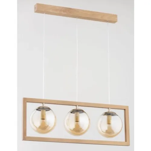 Zamów dziś Lampa wisząca nad stół jasne drewno szklane bursztynowe klosze kule w prostokątnej ramie Sami Alfa 63055 3xE14 78cm x 64cm