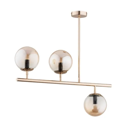 Nowoczesna lampa sufitowa podłużna złota rurka z czarnymi oprawkami bursztynowe klosze kule Factus Alfa 63029 3xE14 67cm x 71cm Wyprzedaż