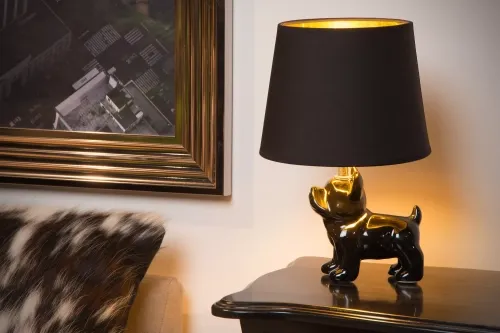 Obniżka ceny Czarna lampa nocna z abażurem i porcelanowym buldogiem Lucide 13533/81/30 Sir Winston E14