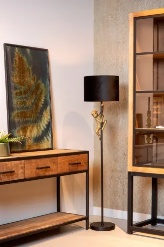 Super okazja Czarna lampa podłogowa z małpą wspinającą się pod abażurem Lucide 10702/81/30 Extravaganza Chimp E27 35cm x 150cm