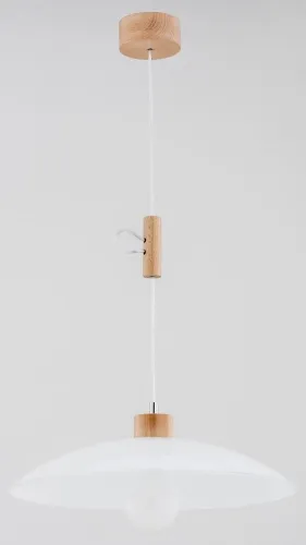 Drewniana lampa wisząca pojedyncza w stylu skandynawskim biały płaski kopułowy klosz i regulowana wysokość Ufo Alfa 60745 E27 90cm x 47cm Bezpieczna płatność