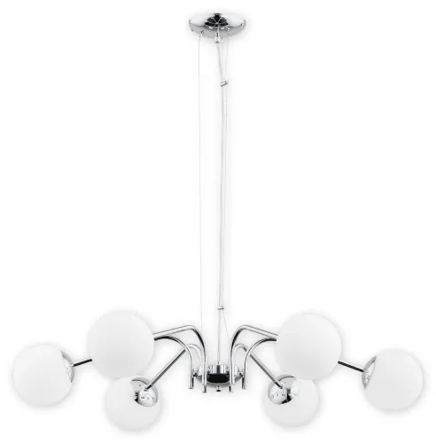 Szeroki chromowany żyrandol lampa wisząca z białymi kloszami kulami Lemir O2906 W6 CH Nol 6xE14 85cm Bestseller